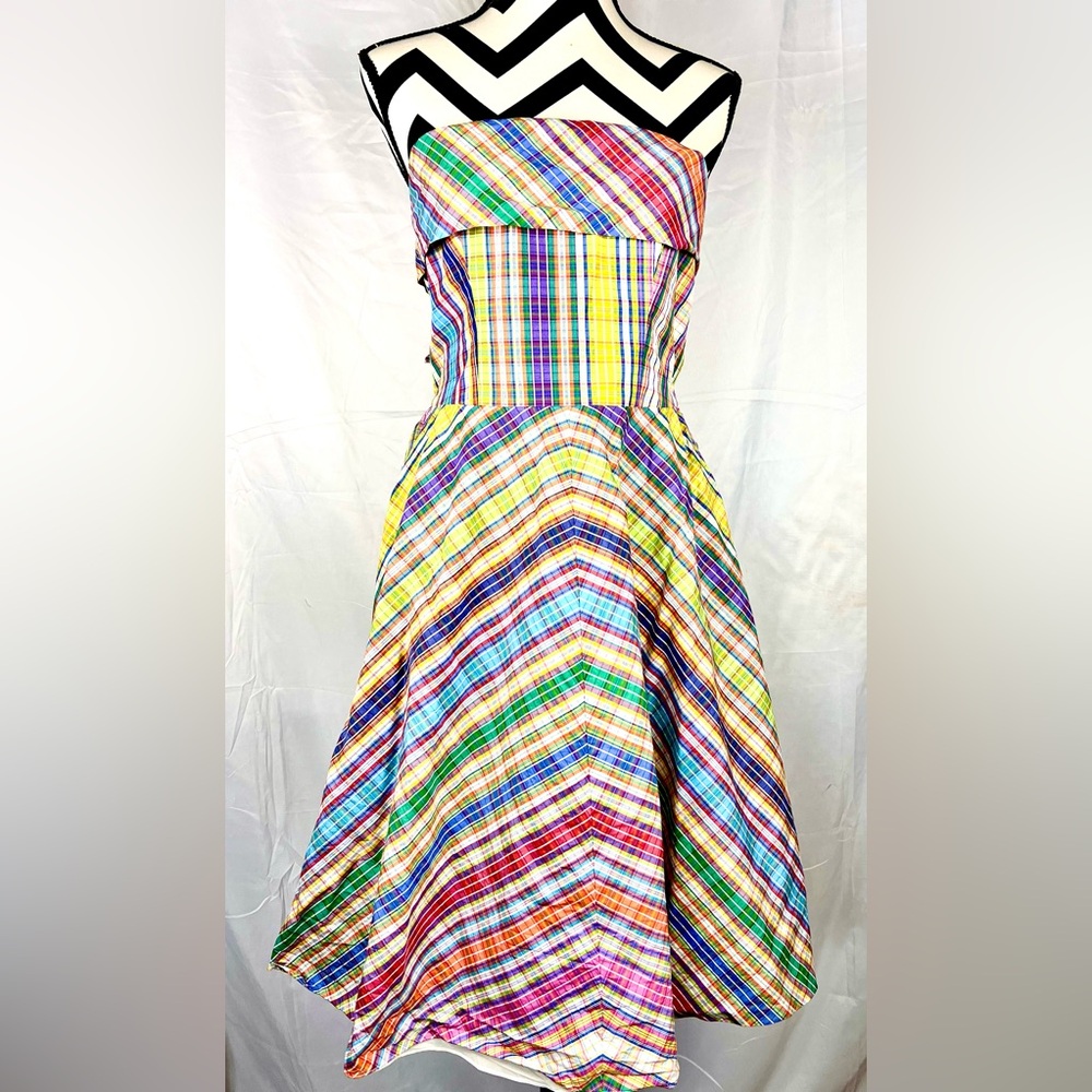 Ralph Lauren rainbow plaid Strapless dress Size 2 Xs Classic Preppy Fit & Flare